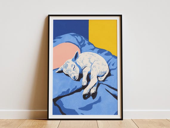 Baby Goat Kid Sleeping In Bed Matisse Style Painting Print Abstract Animal Nursery Wall Art Modern Farmhouse Decor Cozy Bedroom Artwork
