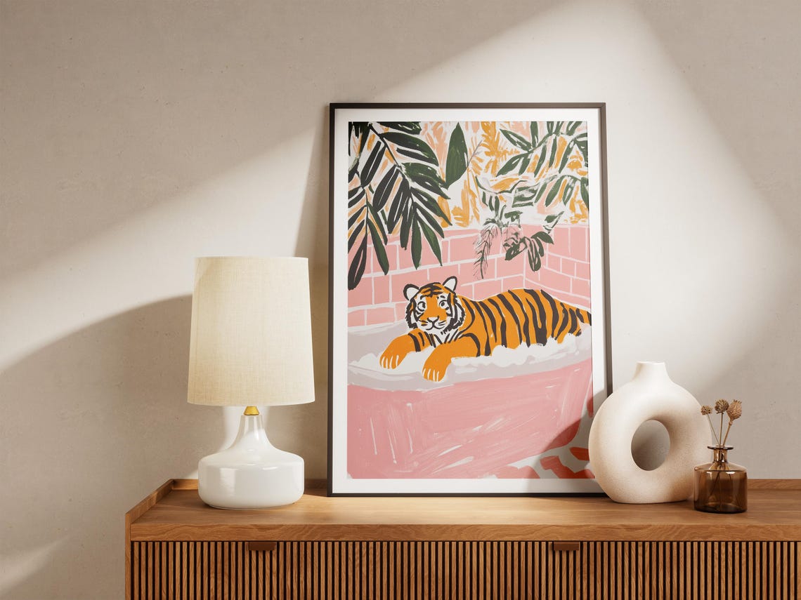 Tiger Lounging in Pink Bubble Bath Tropical Leaf Bathroom Poster - Image 5