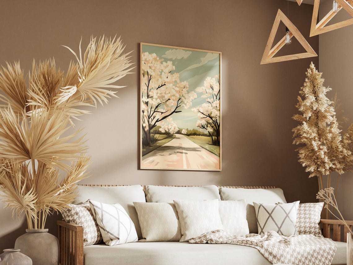 Sunlit Country Road Lined With Blooming White Blossom Trees Poster - Image 3