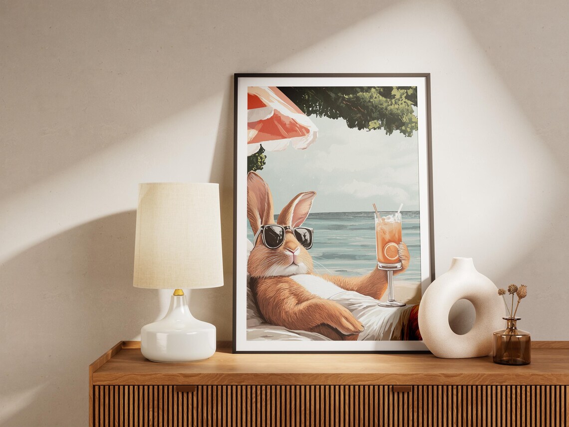 Rabbit In Sunglasses Sipping Cocktail Under Beach Umbrella Poster - Image 5