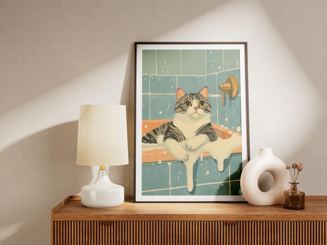 Tabby Cat in Bubble Bath Golden Faucet Teal Tile Cat Wall Poster - Image 4