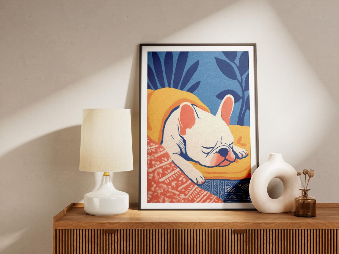 French Bulldog Sleeping on Yellow Cushion Cute Blue Decor Poster - Image 4