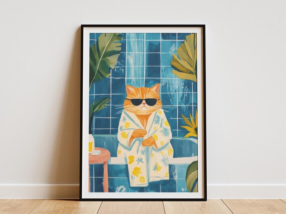 Cool Cat in Sunglasses Floral Bathrobe Tropical Bathroom Pet Art Poster