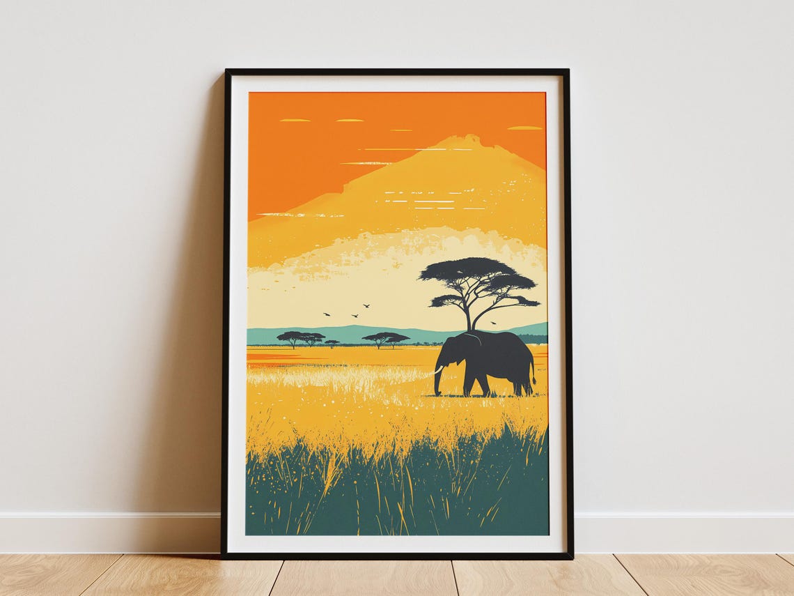 Tanzania Safari Elephant Poster African Wildlife Print Vintage Travel Poster Tarangire National Park Art Animal Illustration Home Decor