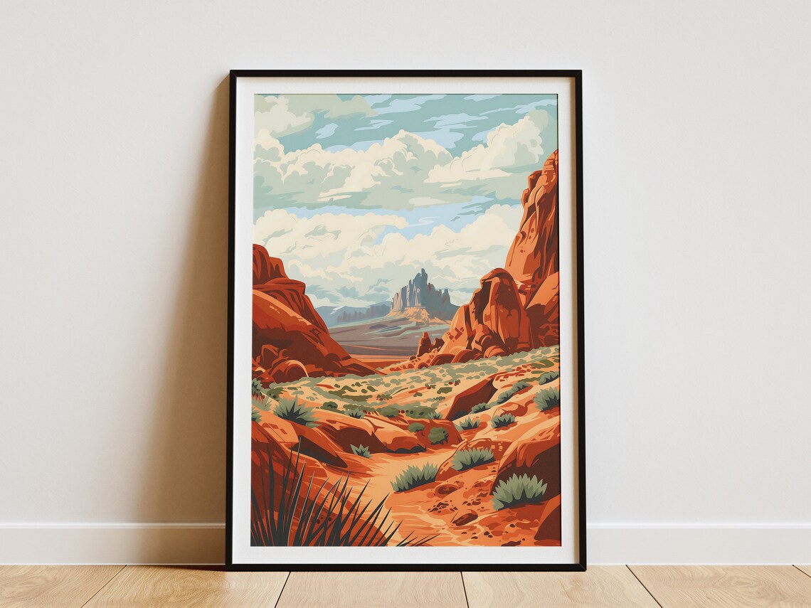 Red Rock Canyon Cliffs Above Desert Valley Vintage Travel Poster