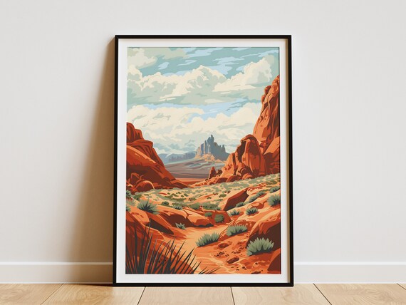 Red Rock Canyon Cliffs Above Desert Valley Vintage Travel Poster