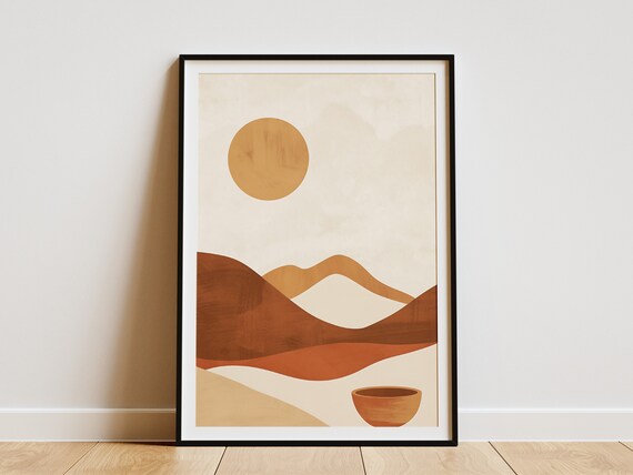 Abstract Minimalist Desert Landscape Poster Boho Wall Art Mid Century Modern Print Brown Beige Art