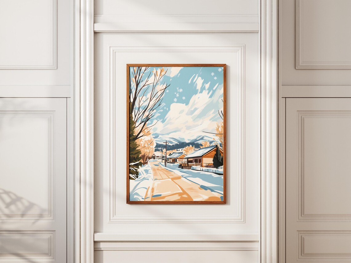 Snowy Village Street With Warm Wooden Cabins Winter Holiday Poster - Image 2