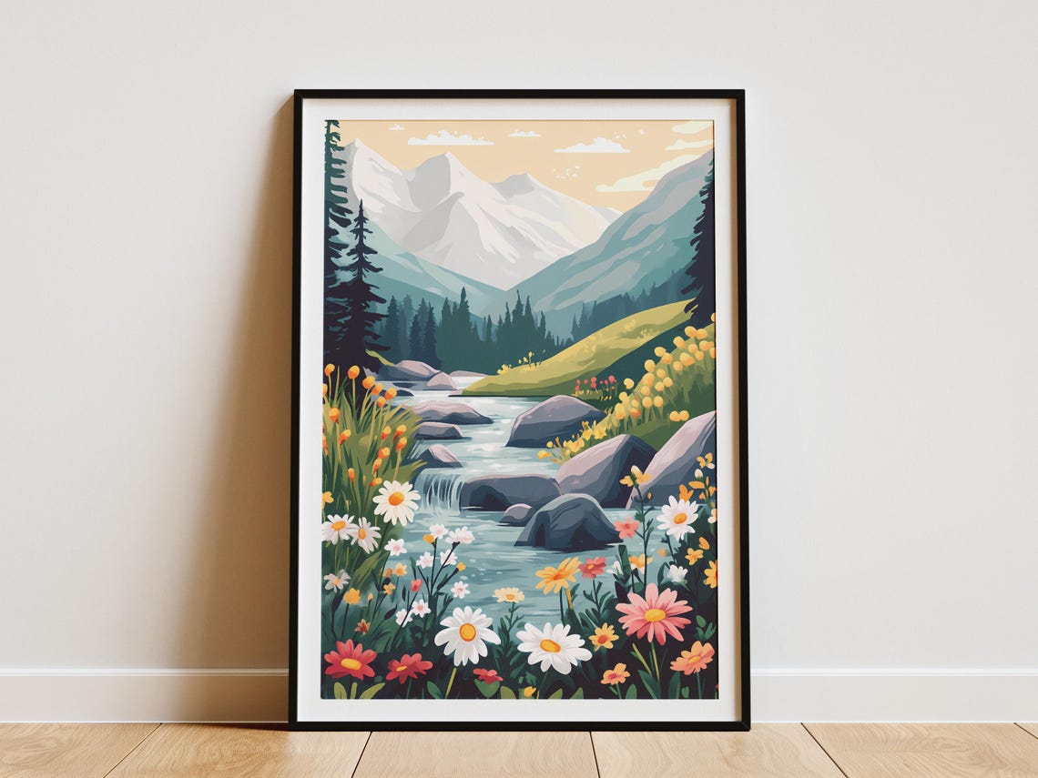Wildflower Mountain Stream Waterfall Meadow Landscape Poster