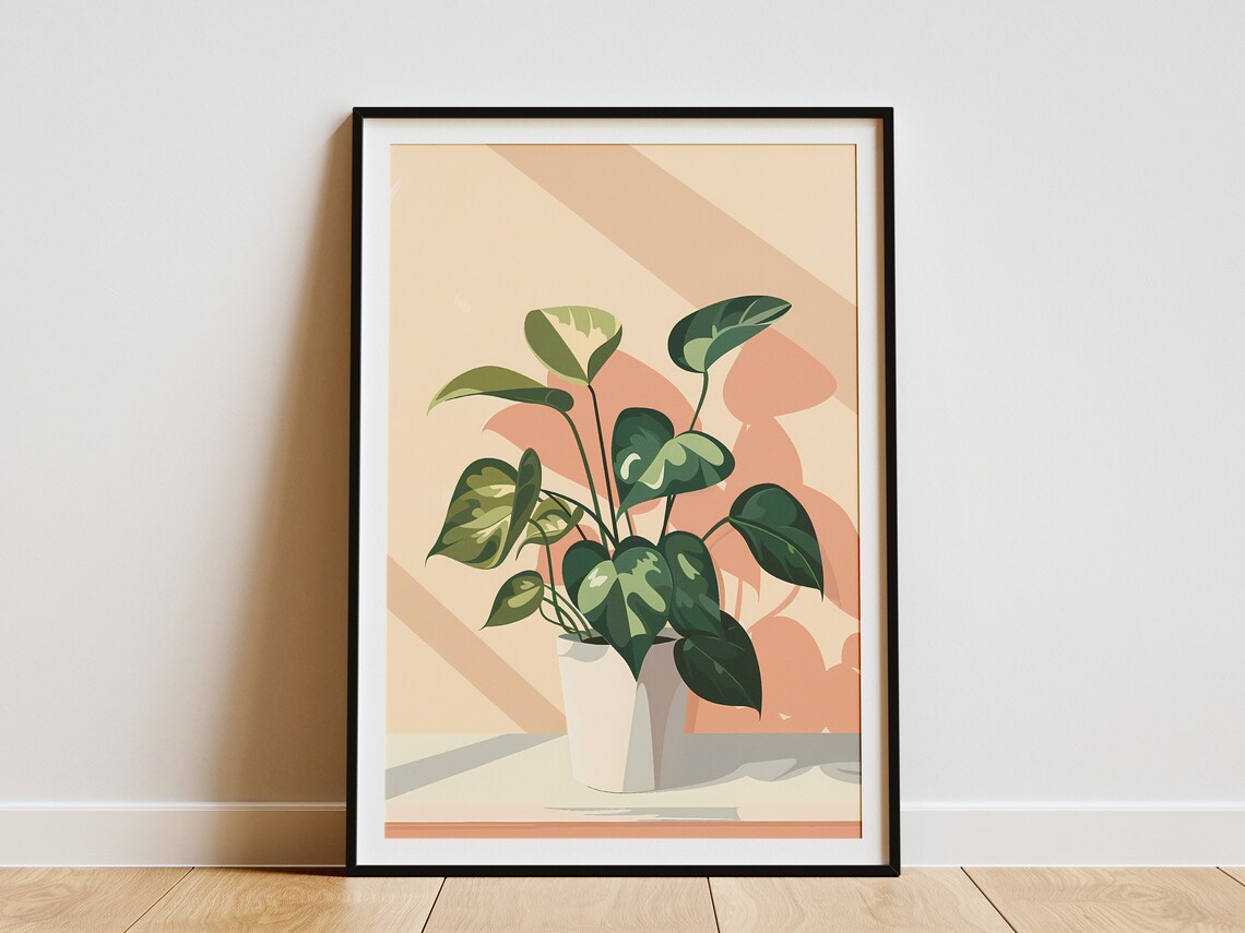 Potted Heart Leaf Houseplant Sunlit Corner Illustration Poster