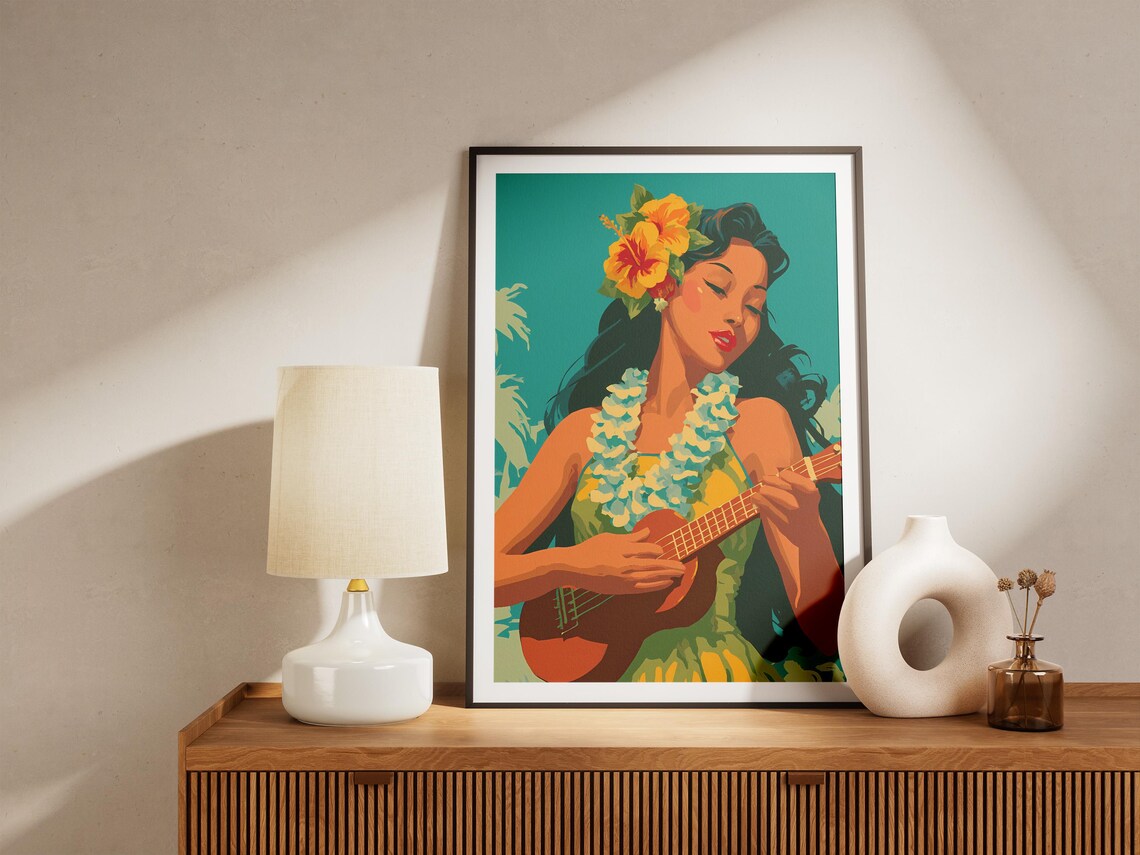 Hawaiian Hula Dancer Playing Ukulele Tropical Island Music Art Poster - Image 4