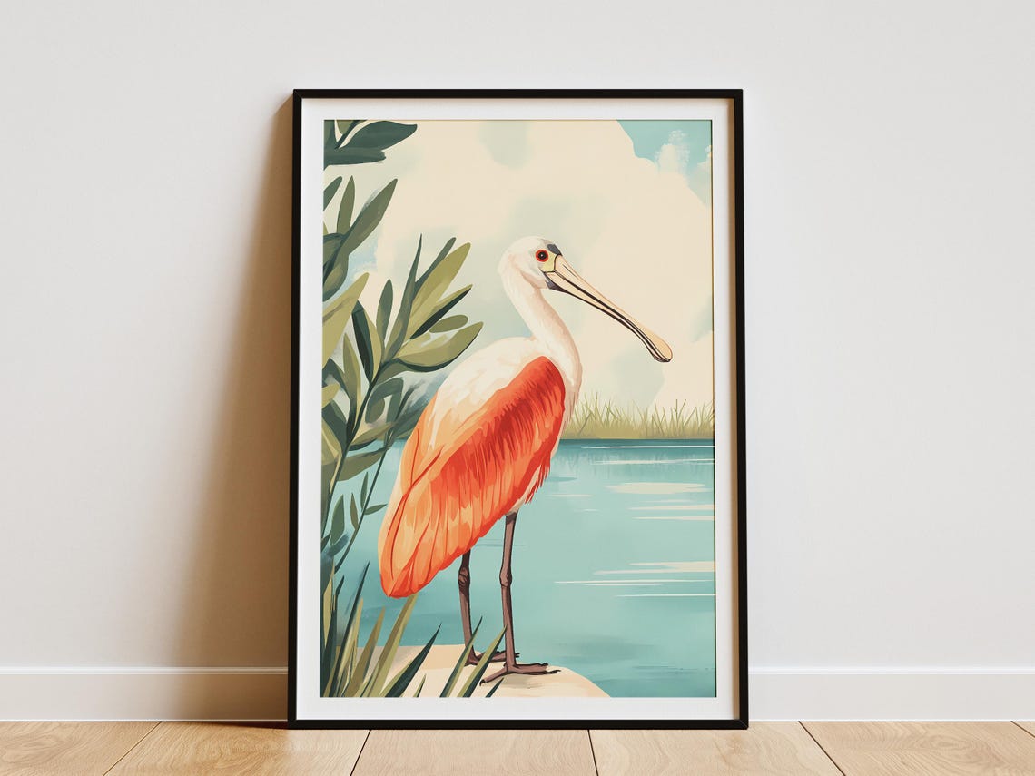 Roseate Spoonbill in a Coastal Marsh Bird Illustration Poster