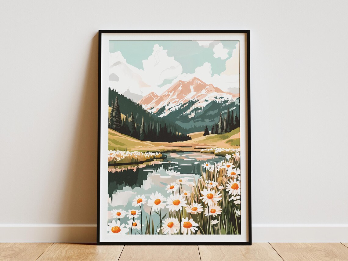 Alpine Lake with Daisy Foreground and Pink Mountain Peaks Poster
