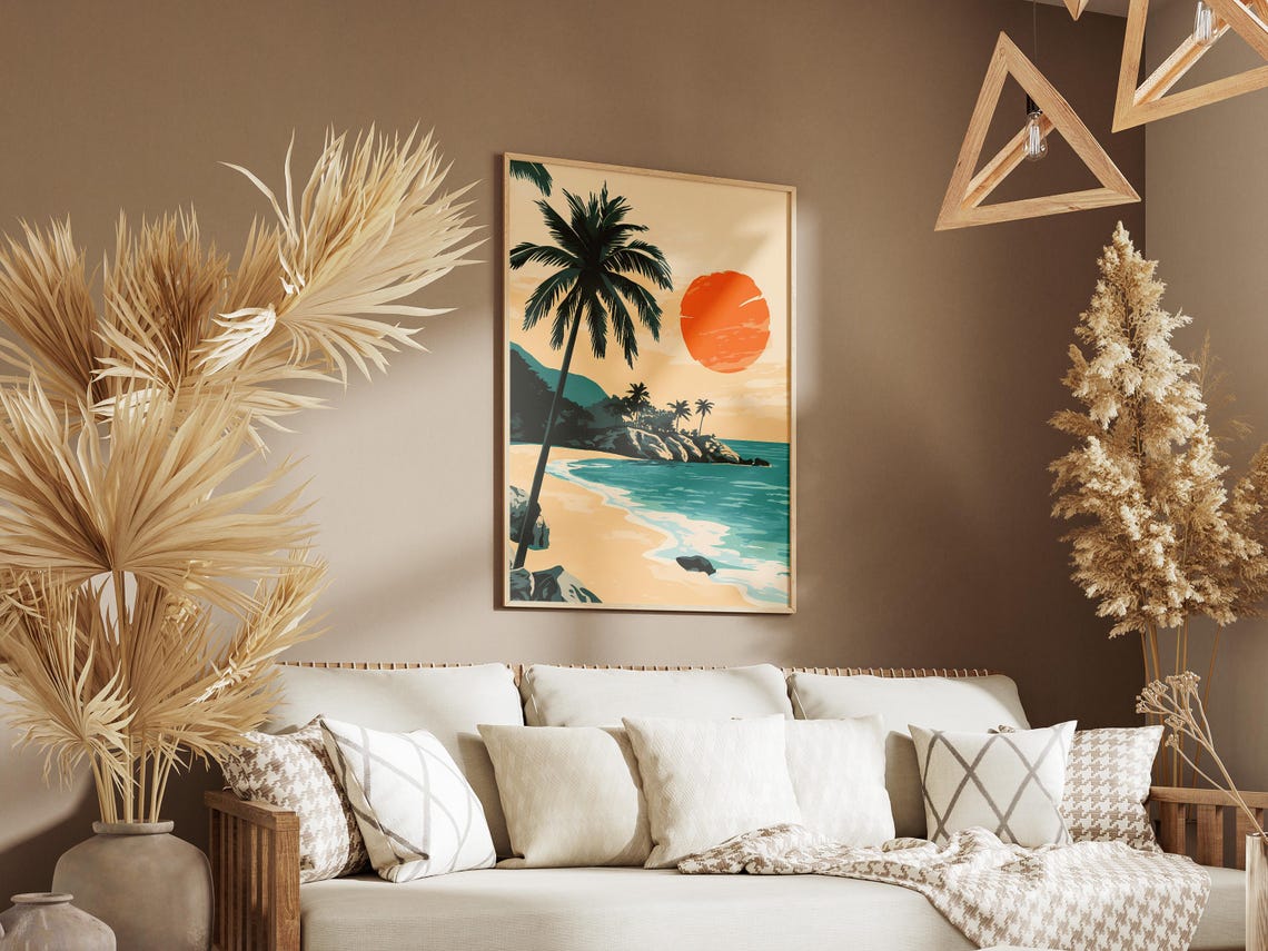 Tropical Beach Sunset With Leaning Palm Tree Retro Travel Poster - Image 3