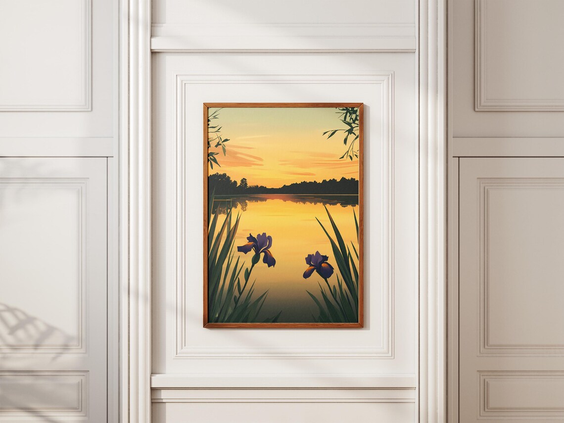 Purple Irises Golden Sunset Lake Minimalist Calm Flower Poster - Image 2