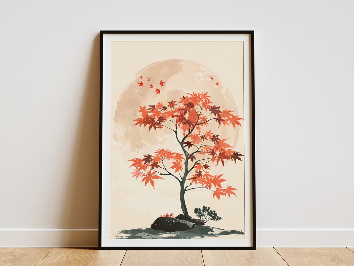 Japanese Maple Red Autumn Leaves Pale Sun Tree Minimalist Poster