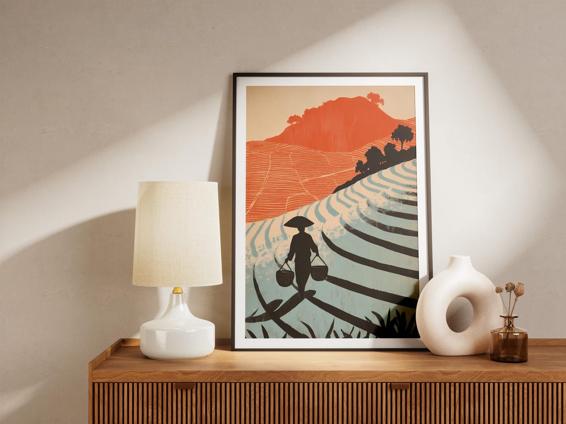 Asian Rice Terrace With Farmer Silhouette at Sunset Abstract Poster - Image 5