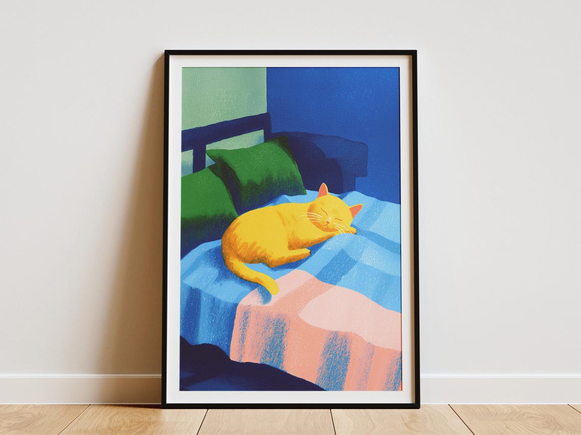 Yellow Cat Sleeping in Bed Blue Blanket Matisse Style Cat Poster