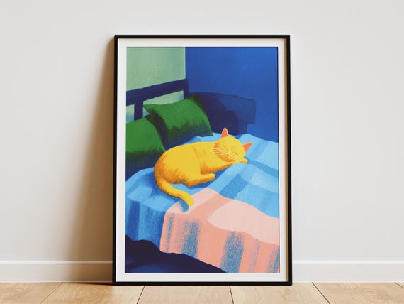 Burmese Cat Sleeping In Bed Matisse Style Painting Whimsical Pet Portrait Animal Art Print Cozy Bedroom Decor Abstract Feline Wall Gift