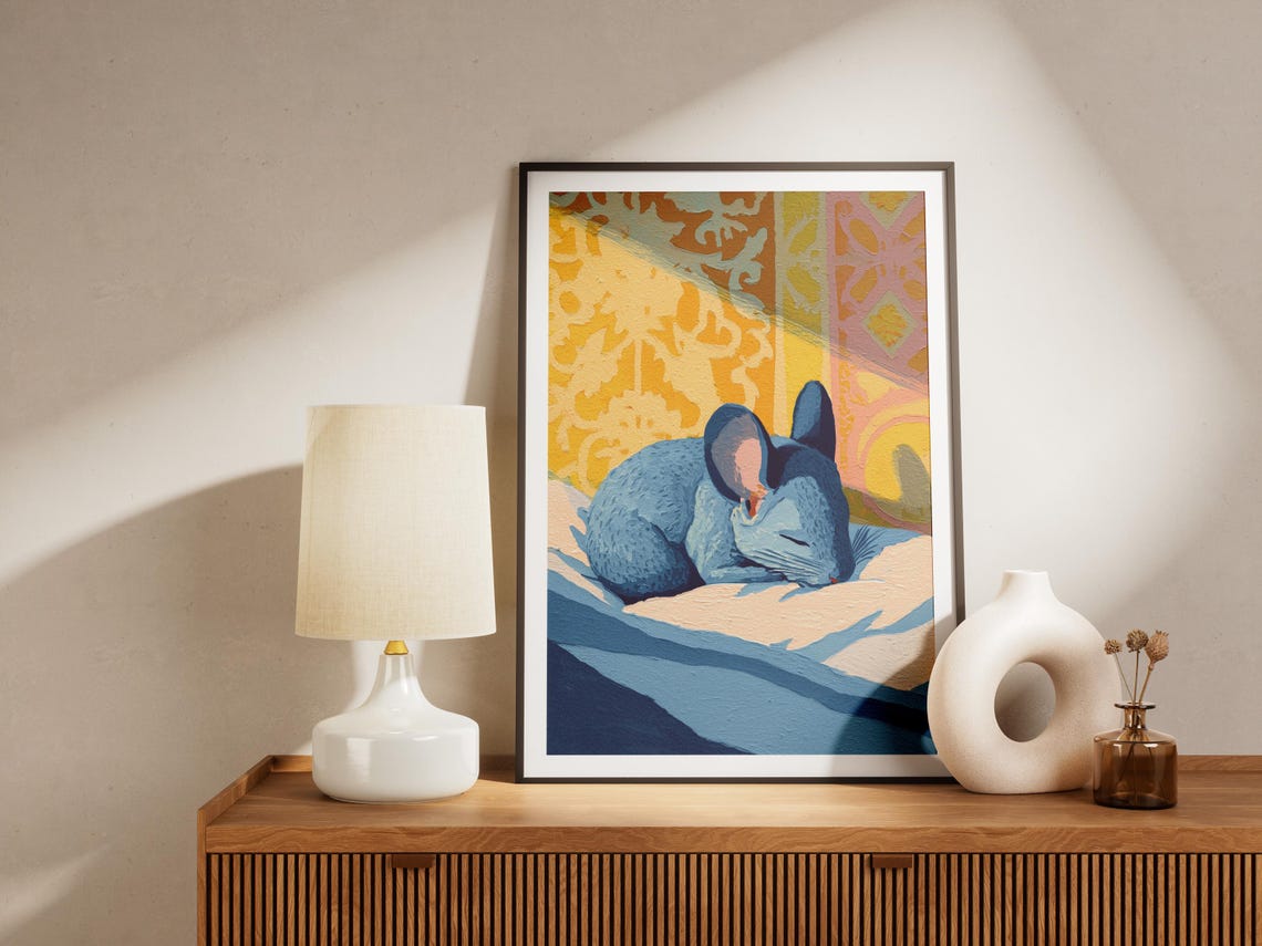 Sleeping Chinchilla On Cozy Bed Whimsical Abstract Pet Art Poster - Image 4