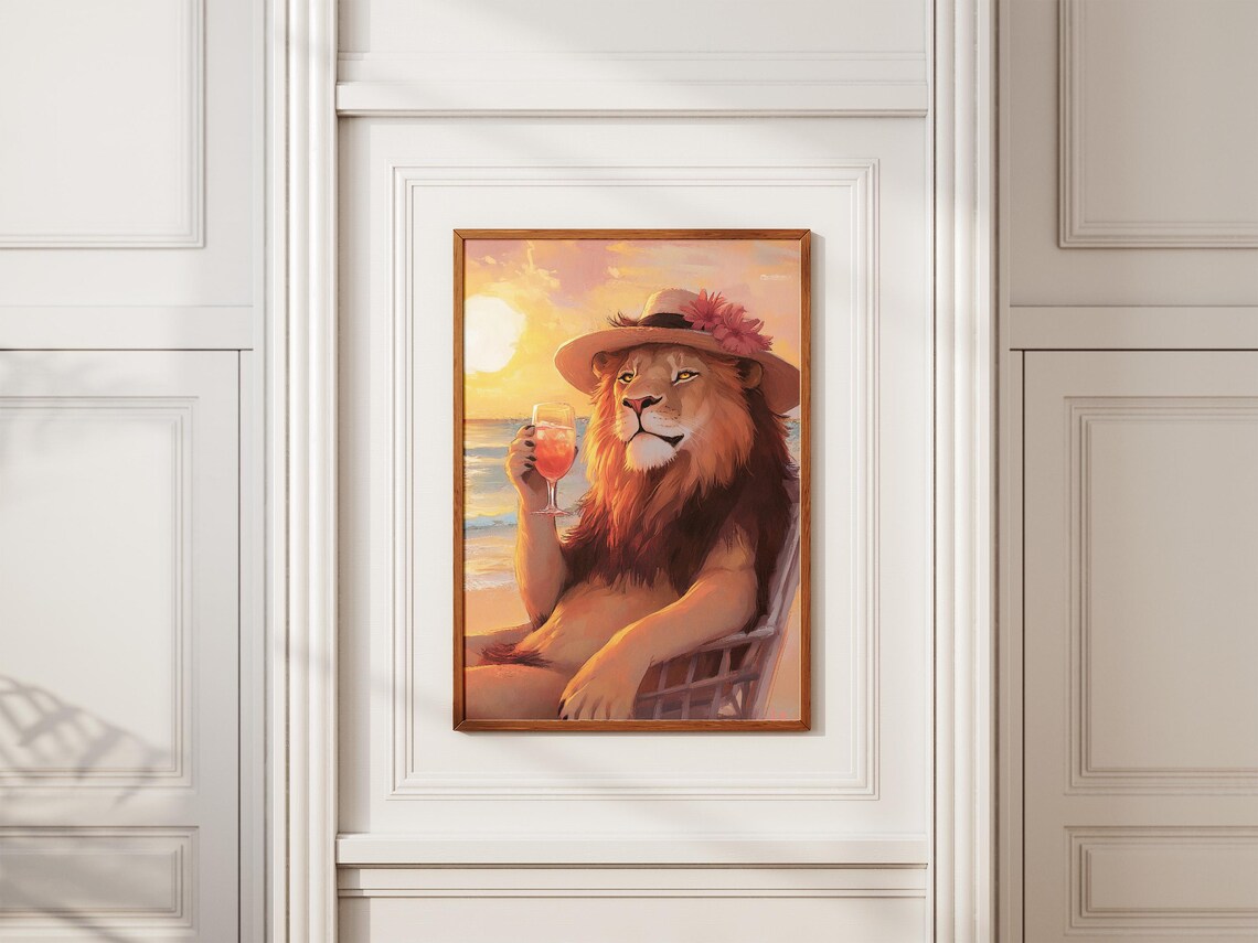 Lion In Flower Straw Hat Sipping Cocktail At Sunset Beach Poster - Image 2