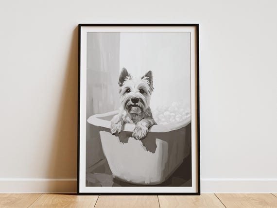 West Highland Terrier Dog Art Print Bubble Bath Poster Bathroom Wall Decor Cute Pet Portrait Westie Lover Gift