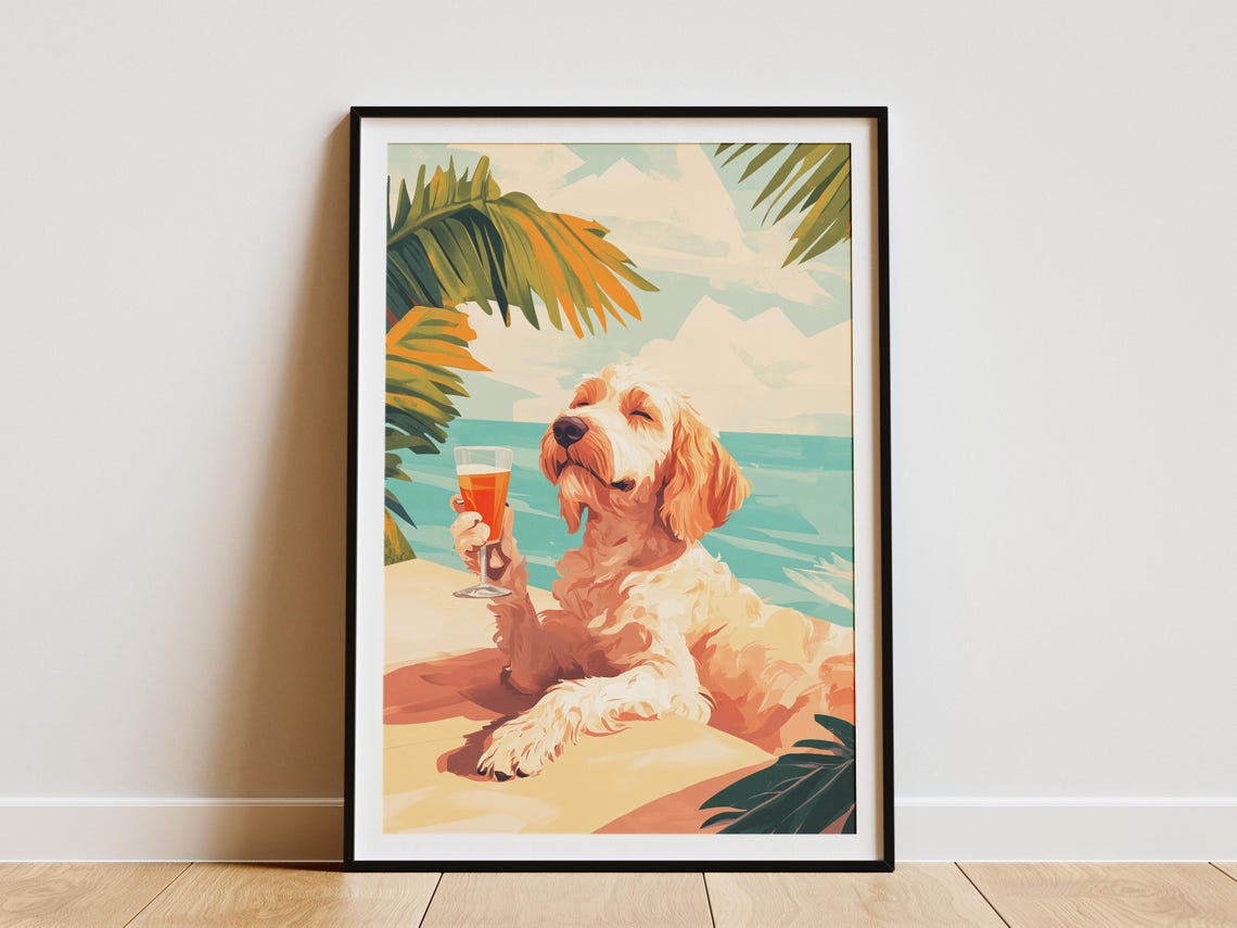 Labradoodle Dog Beach Poster Summer Dog Art Print Cute Puppy By The Ocean Dog Lover Gift Dog Wall Decor Pet Portrait Coastal Dog Tropical