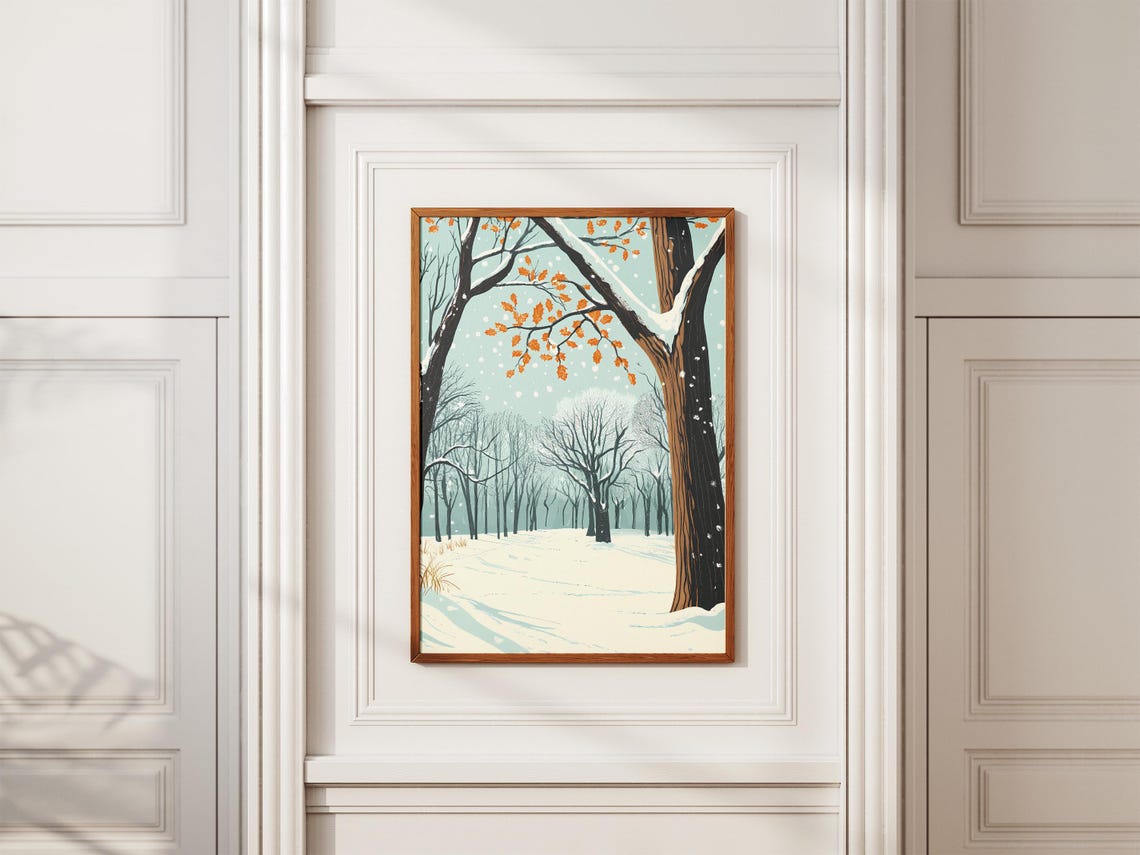 Winter Forest Path With Snow and Late Autumn Orange Leaves Poster - Image 2