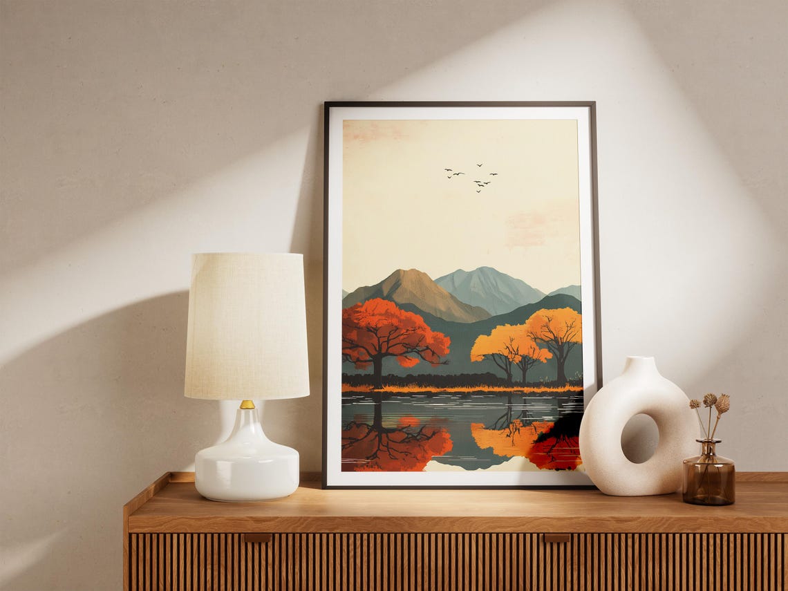 Autumn Trees Red Orange Reflection Still Lake Mountain Poster - Image 5