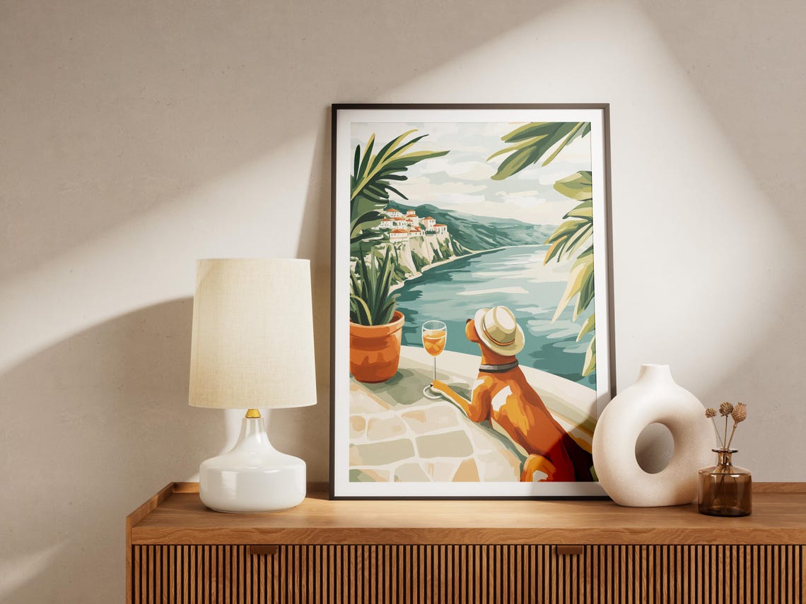 Dog Straw Hat Mediterranean Coast Wine Glass Viewpoint Poster - Image 4