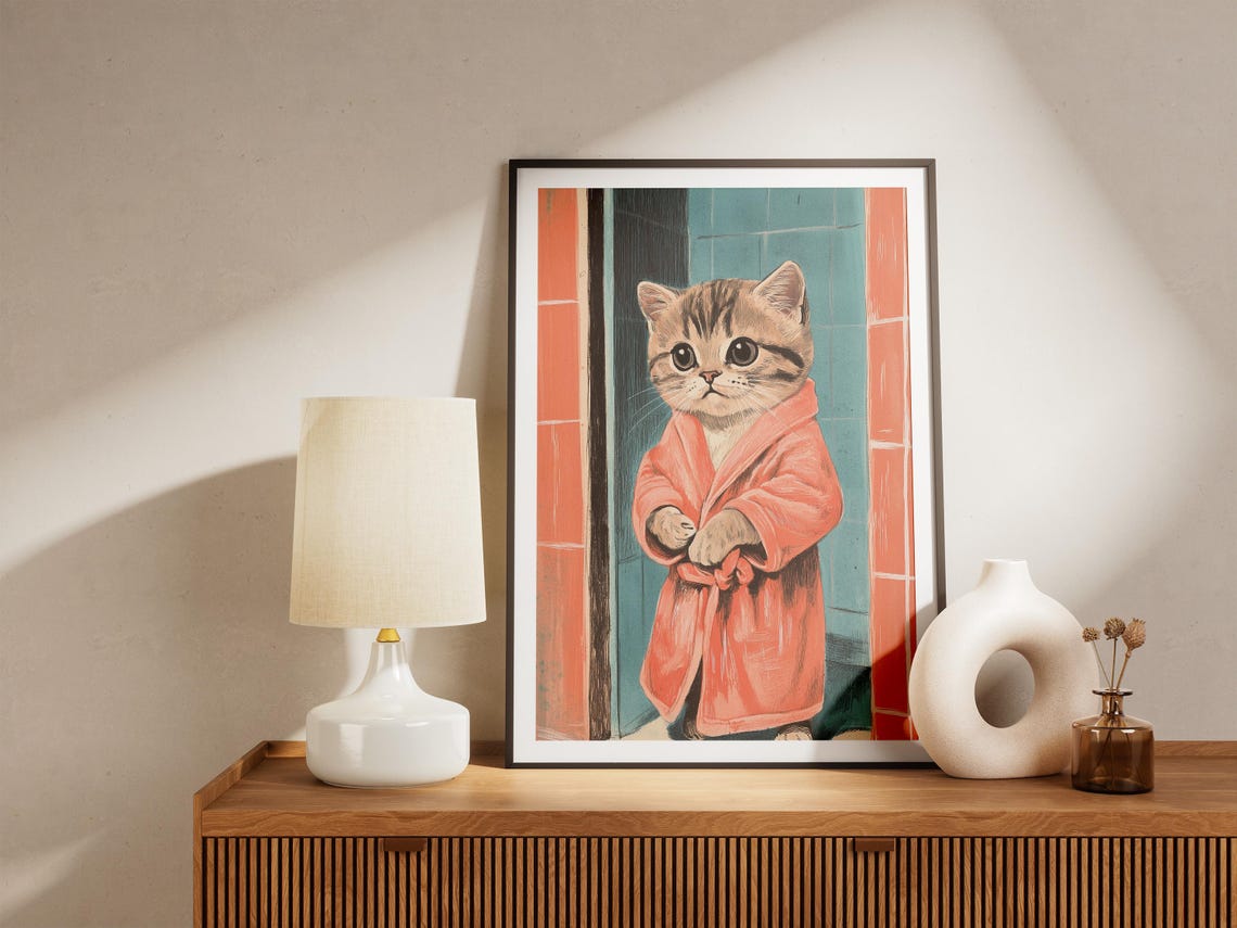 Scottish Fold Kitten In Bathrobe Poster Cute Art Print Bathroom Wall Decor Cat Lover Gift Pet Portrait Funny Animal - Image 4