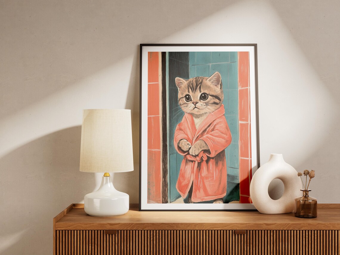 Sweet Tabby Kitten in Coral Bathrobe Cute Bathroom Cat Art Poster - Image 4