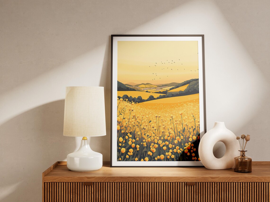 Mustard Flower Field Sunset Landscape, Farmhouse Art Print - Image 5
