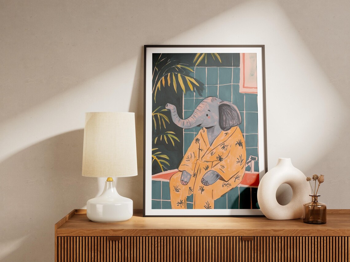 Baby Elephant in Yellow Robe Teal Bathroom Cute Animal Poster - Image 5