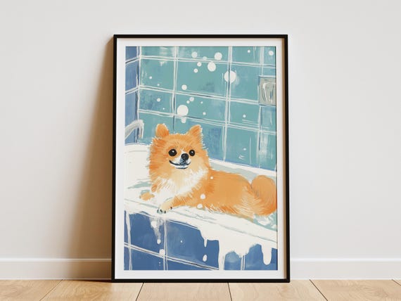 Pomeranian Dog Art Print Bathroom Wall Cute Poster In Tub Funny Animal Pet Portrait Decordog Lover Gift