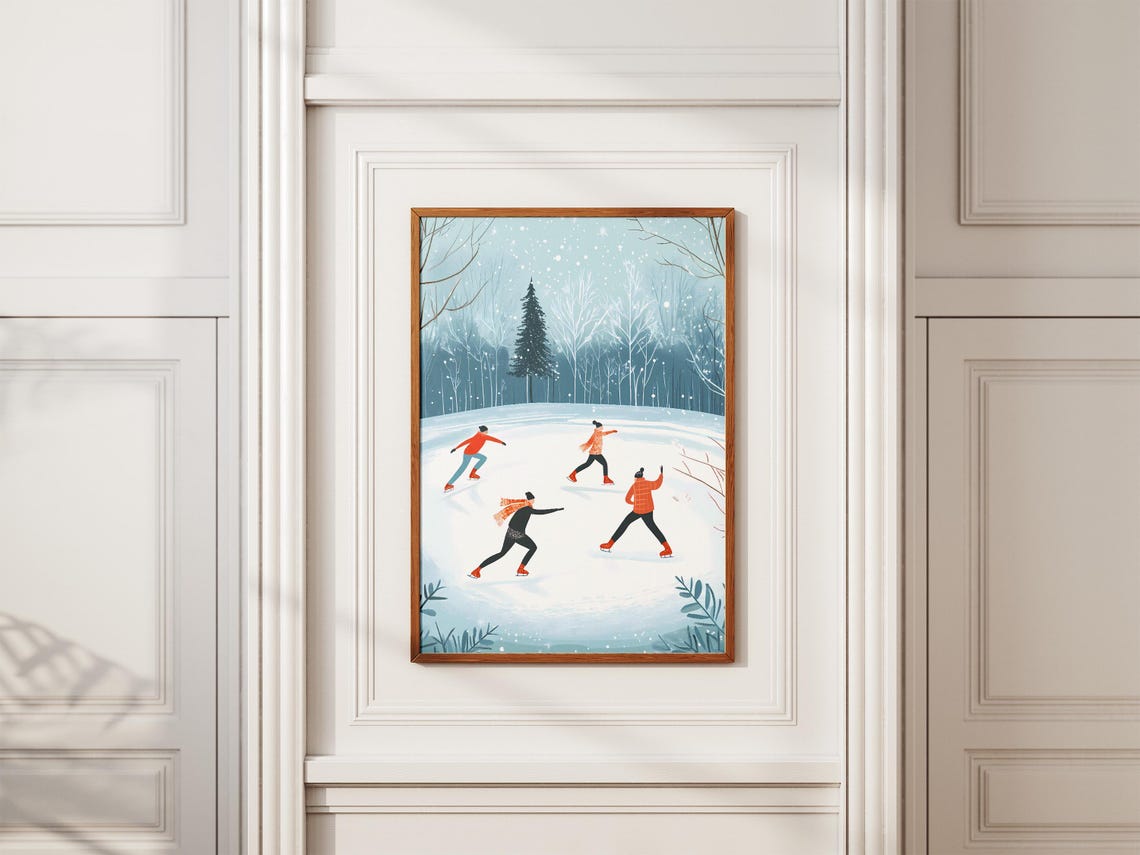 Ice Skaters Gliding on a Frozen Pond in a Snowy Blue Forest Poster - Image 2