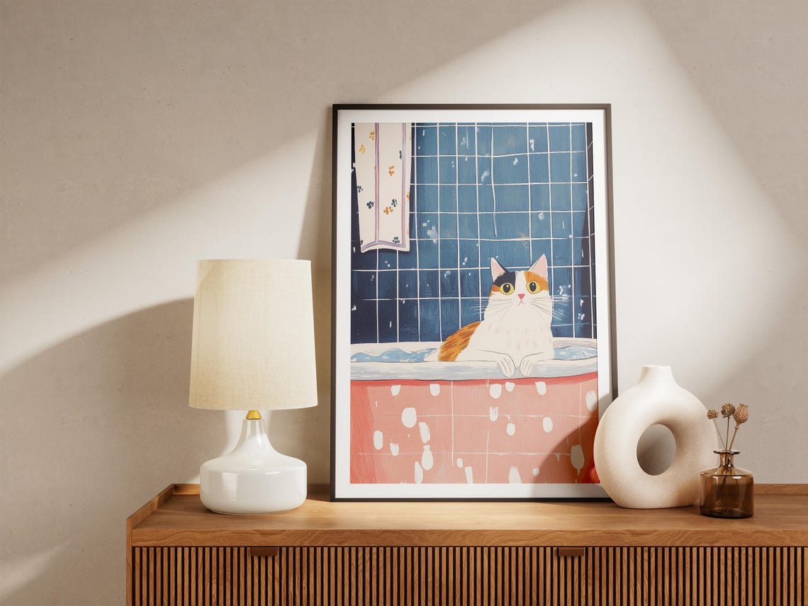 Calico Cat In Bubble Bath Poster Funny Pet Art For Bathroom Home Decor - Image 4