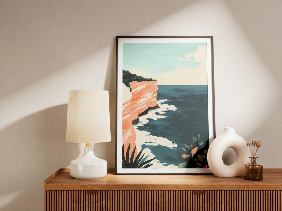 Peach Sea Cliffs Over Teal Ocean Waves Coastal Landscape Poster - Image 5