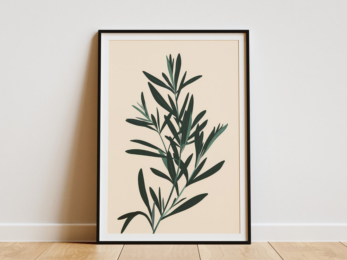 Rosemary Branch Dark Green Botanical Minimalist Illustration Print