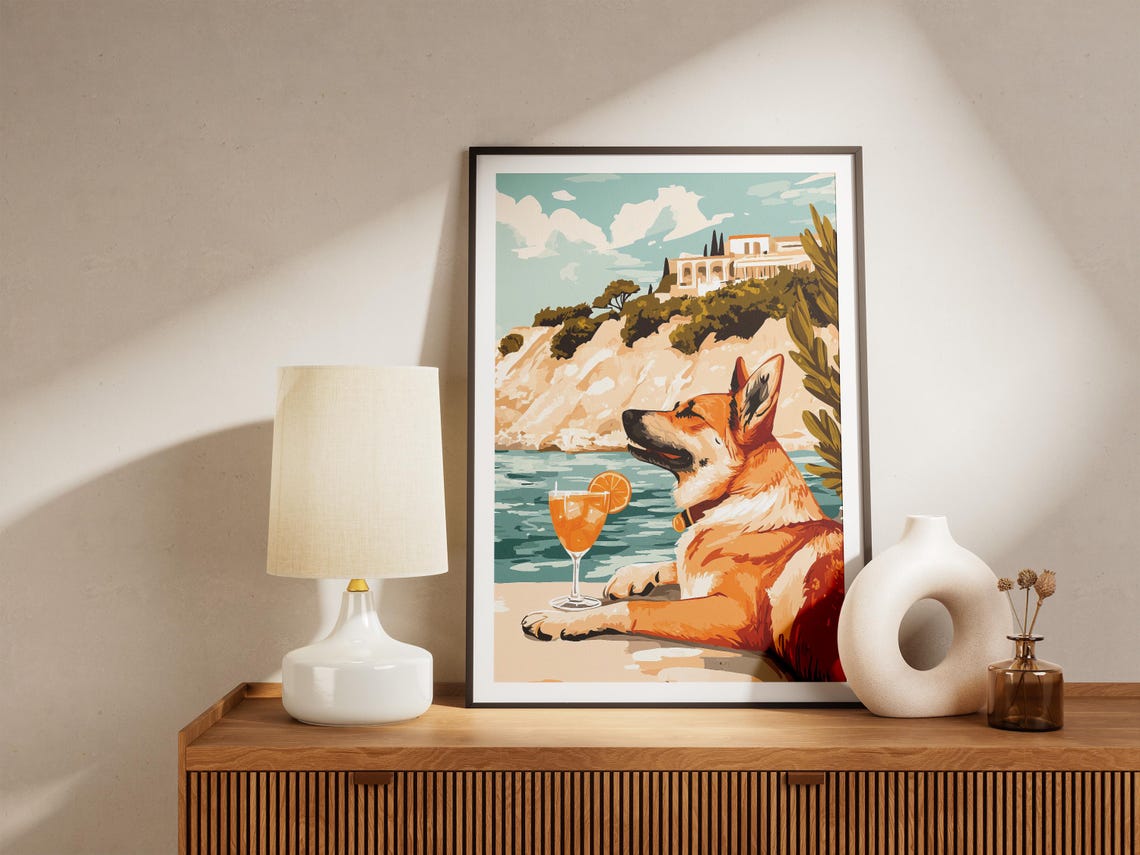 German Shepherd Relaxing With Cocktail By The Sea Cliff Villa Poster - Image 5