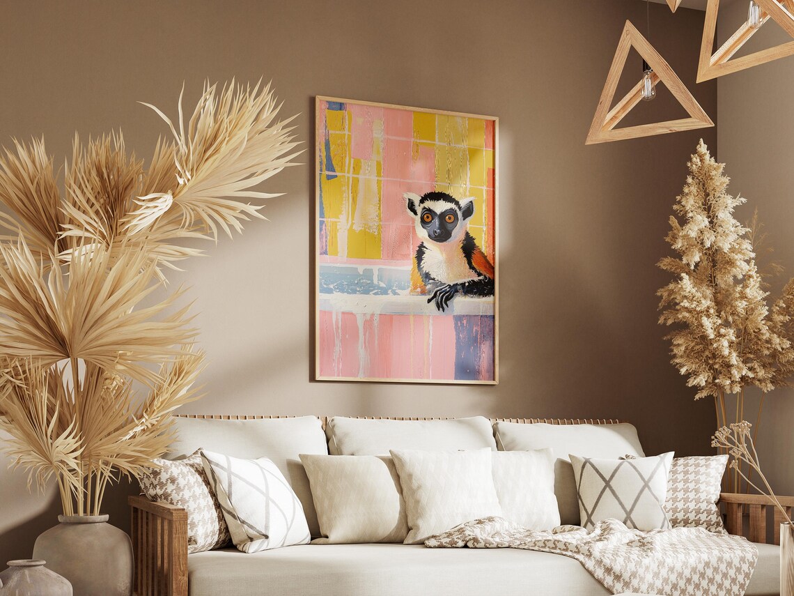 Ring Tailed Lemur Peeking Over Bubbly Pink Bathtub Animal Poster - Image 3