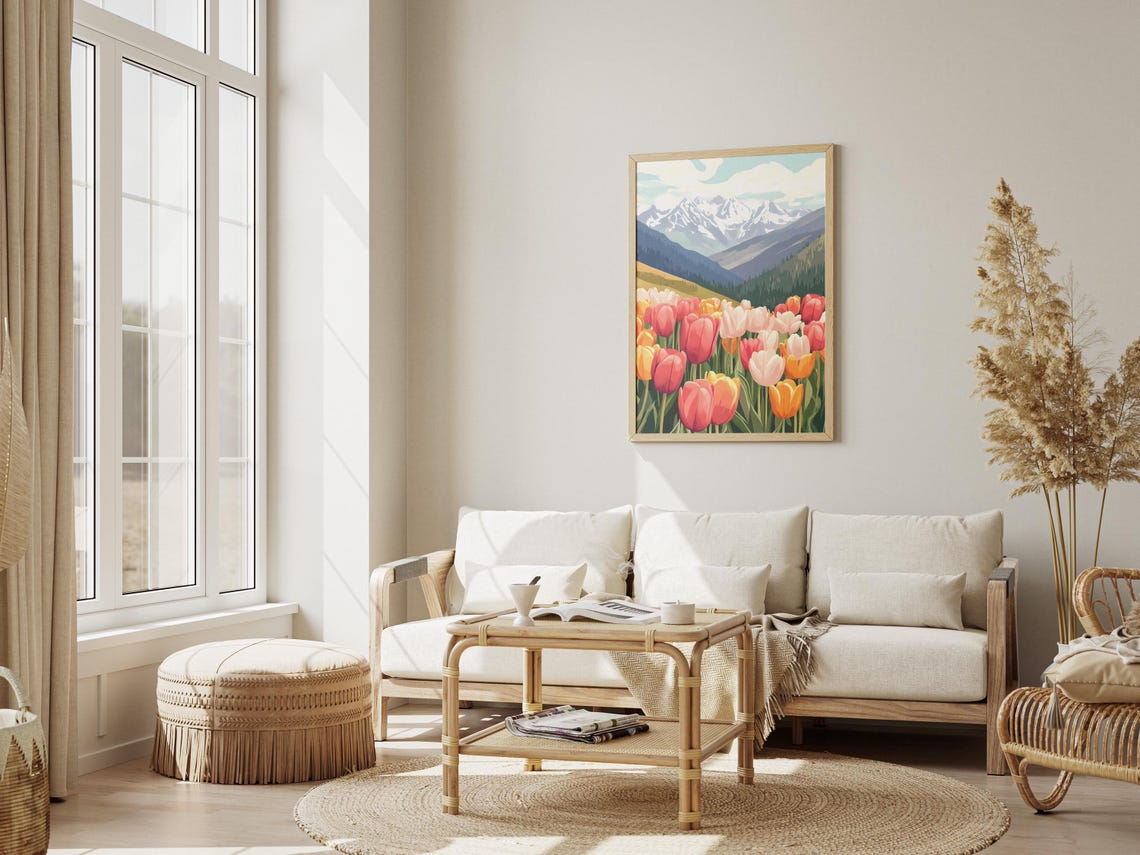 Colorful Tulip Field Snowy Mountains Spring Landscape Art Poster - Image 3