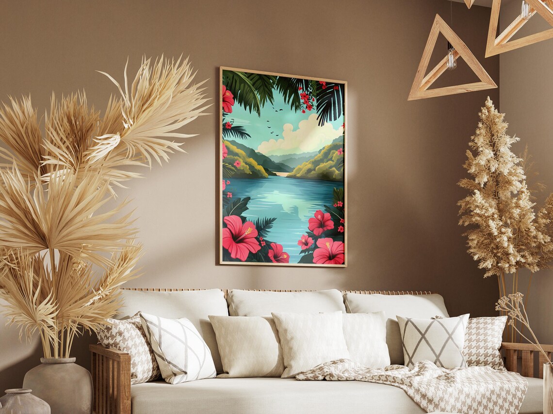 Hibiscus Lake Tropical Pink Flower Framed Lagoon View Poster - Image 3