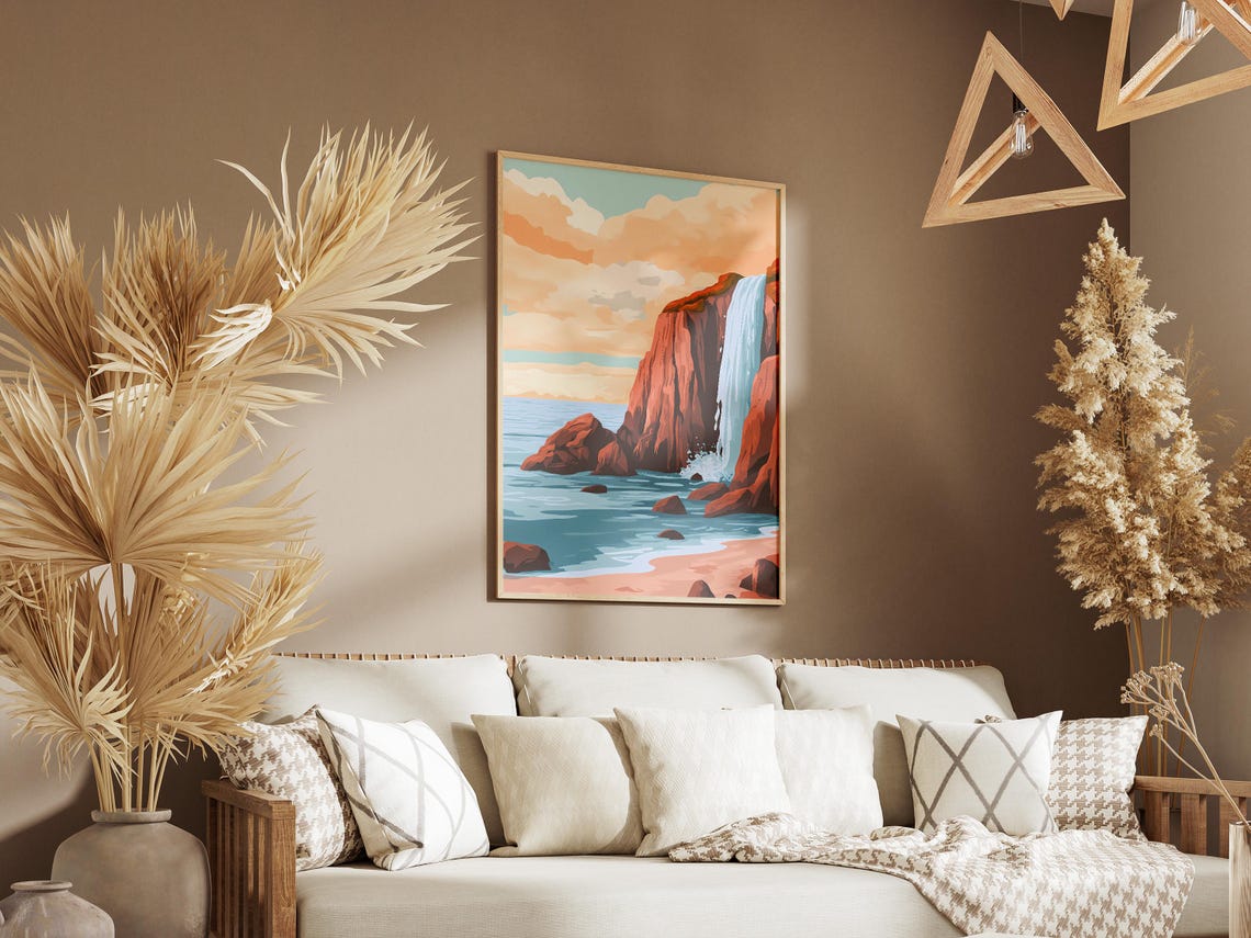 Coastal Waterfall Into Ocean Red Rock Cliff Illustration Poster - Image 3