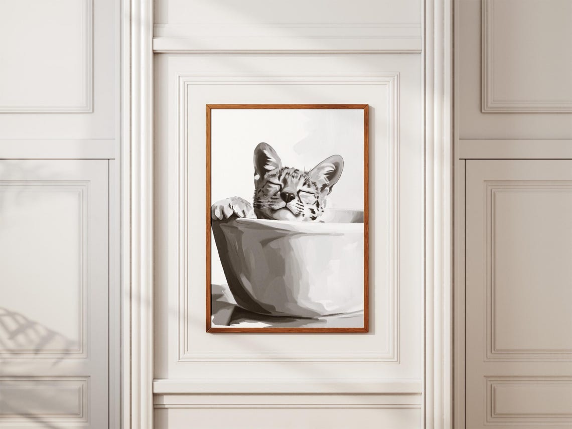 Serval Cat Bathtub Bubble Bath Art Print Minimalist Animal Poster Funny Bathroom Decor Modern Wall Home Lover Gift - Image 2