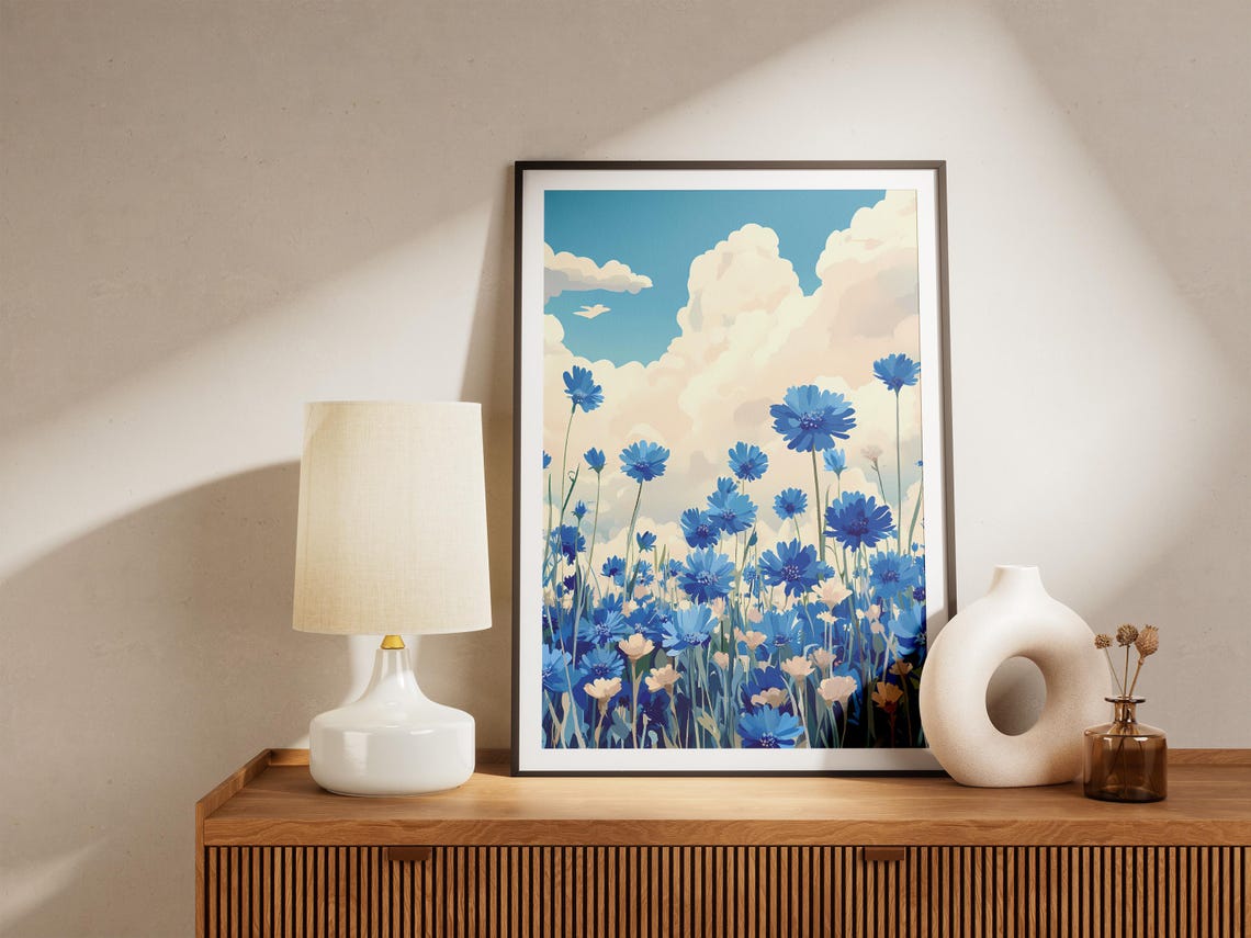 Blue Cornflower Field Summer Sky Clouds Upward Dreamy View Poster - Image 5