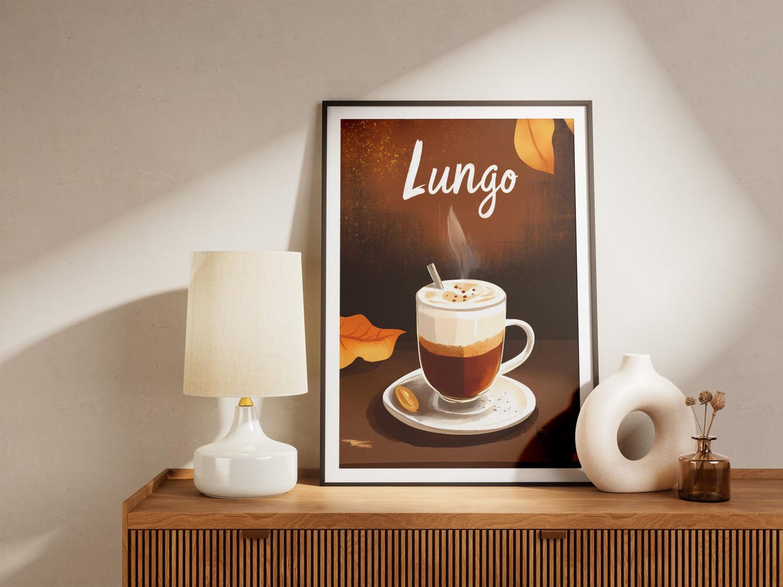 Lungo Coffee Steaming Cup Autumn Leaves Dark Cafe Art Poster - Image 4