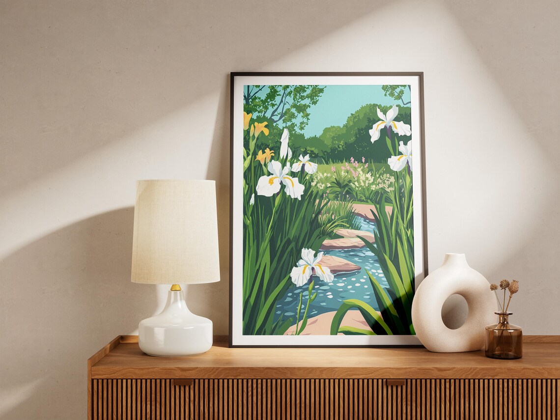 White Irises Beside a Garden Stream Poster With Blue Water Bloom - Image 5