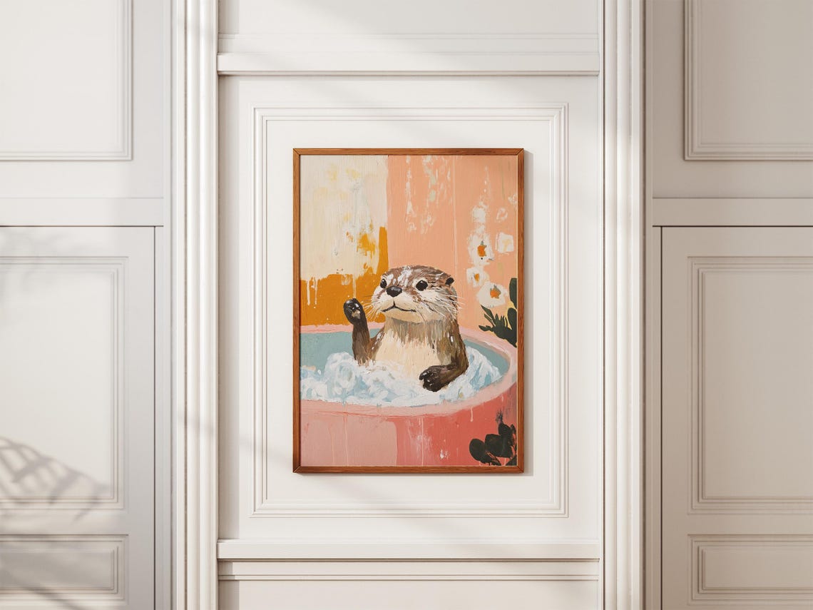 Friendly Waving Otter In Pink Bubble Bath Peach Sunset Poster - Image 2