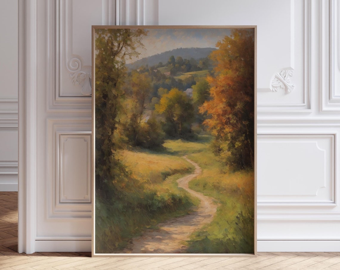 Golden Autumn Countryside Path Vintage Rustic Landscape Poster